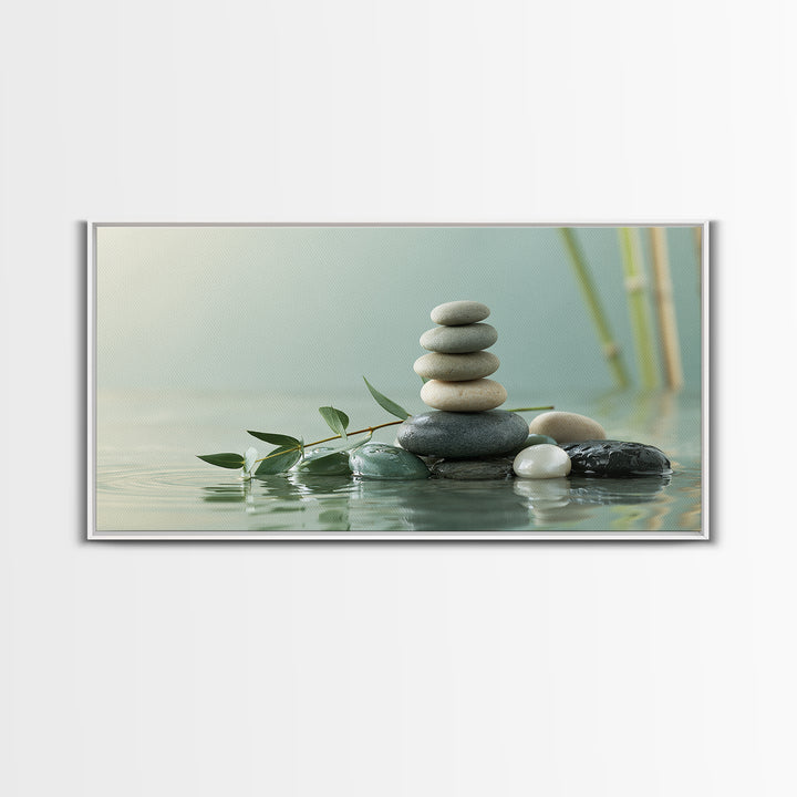 Stacked Stones Beside Calm Water Canvas Print, Spa Art, Animal Art, Spa Decor, Fine Art, Serenity, Gallery Decor, Neutral Decor, SPA-2x1-93