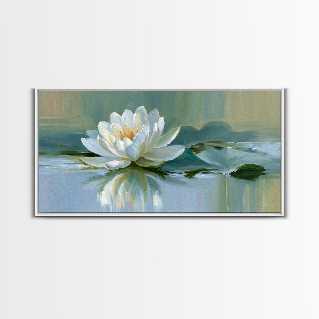 Lotus Flower Floating on Still Pond Framed Canvas Print, Spa Art, Dog Groomer Gifts, Spa Decor, Serenity, Fine Art Print, SPA-2x1-96