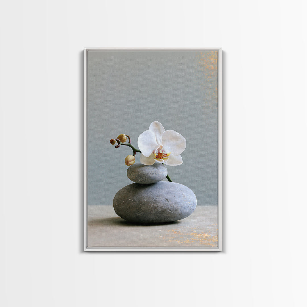 White Orchid on Smooth Gray Stone Canvas Print, Spa Art, Minimalist Decor, Spa Decor, Fine Art, Serenity, Contemporary Art, SPA-2x3-10