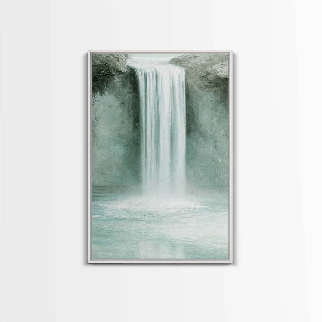 Serene Waterfall with Mist Framed Canvas Print, Spa Art, Textured Painting, Spa Decor, Abstract Art, Serenity, Travel Poster, SPA-2x3-2