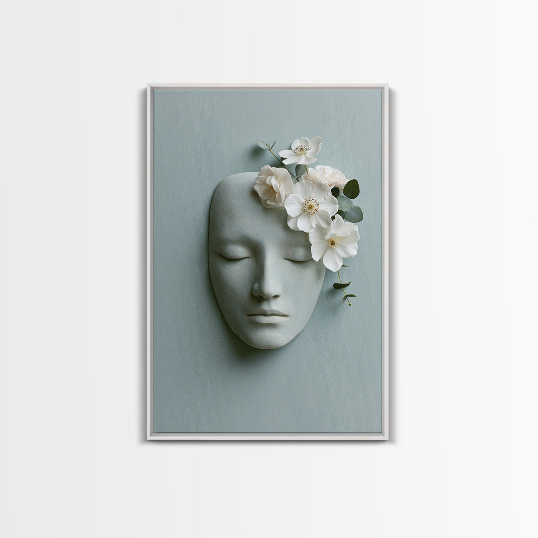 Minimal Face with Closed Eyes and Flowers Canvas Print, Spa Art, Home Decor, Spa Decor, Fine Art, Serenity, Dog Wall Art, SPA-2x3-27