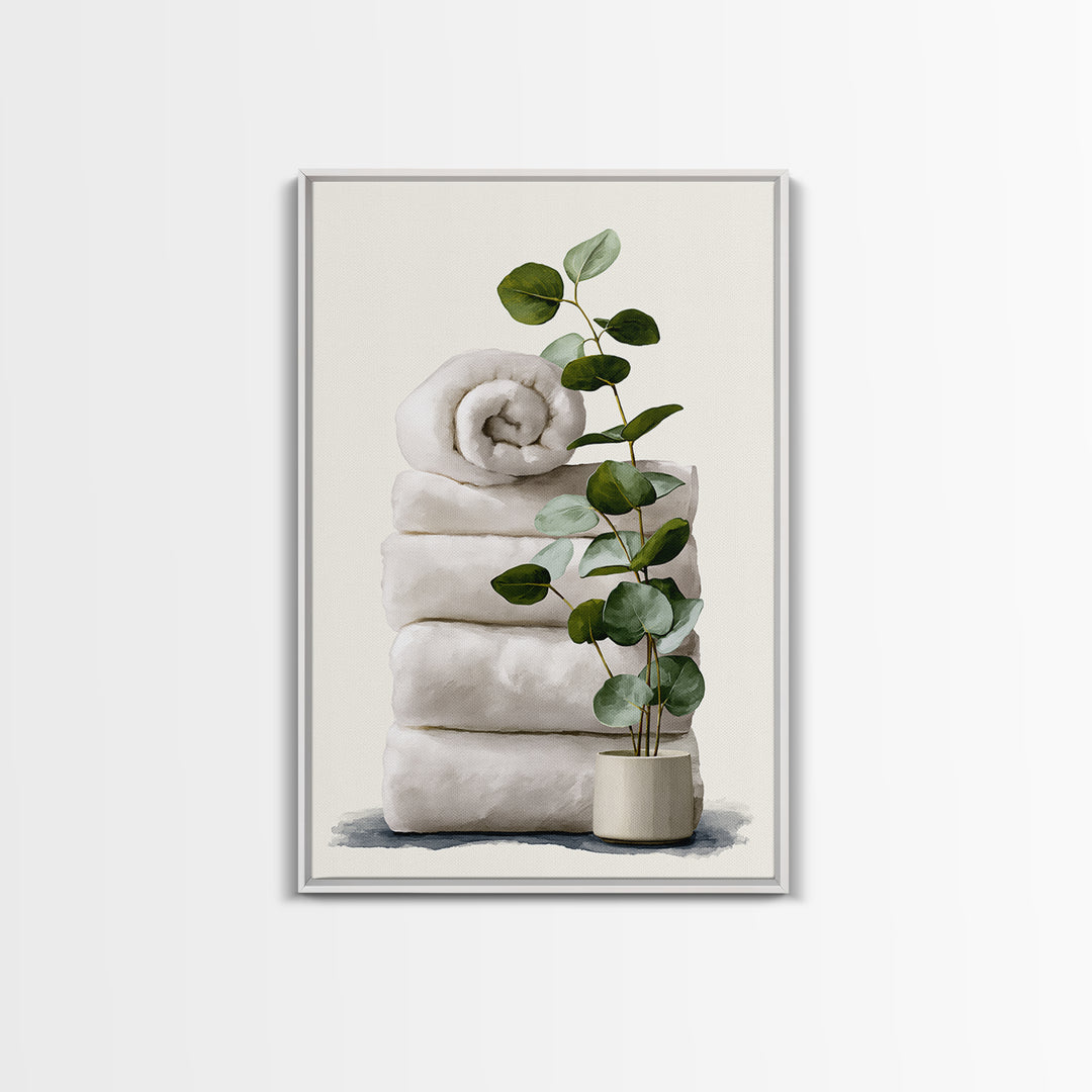 White Towels and Eucalyptus Without Room Context Canvas Print, Spa Art, Statement Artwork, Spa Decor, Fine Art, Serenity, SPA-2x3-32