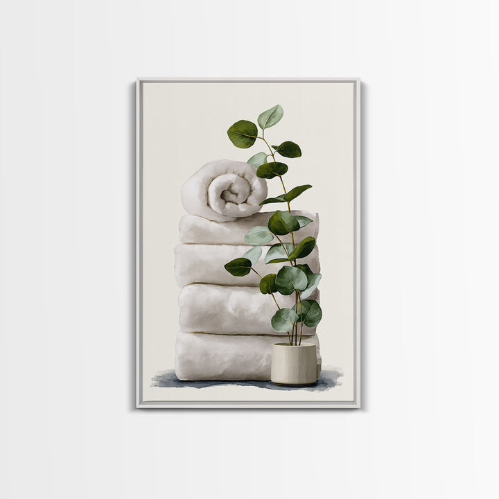 White Towels and Eucalyptus Without Room Context Canvas Print, Spa Art, Statement Artwork, Spa Decor, Fine Art, Serenity, SPA-2x3-32