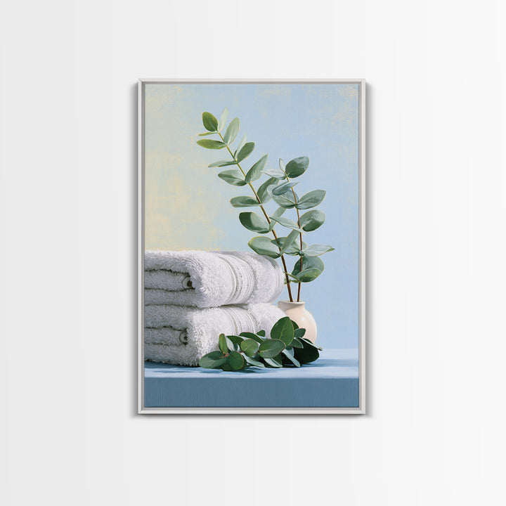 White Towels and Eucalyptus Without Room Context Framed Canvas Print, Spa Art, Spa Decor, Abstract Art, Serenity, SPA-2x3-56