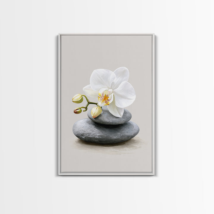 White Orchid on Smooth Gray Stone Canvas Print, Spa Art, Abstract, Spa Decor, Fine Art, Serenity, City Art, Spa Wall Art, SPA-2x3-58