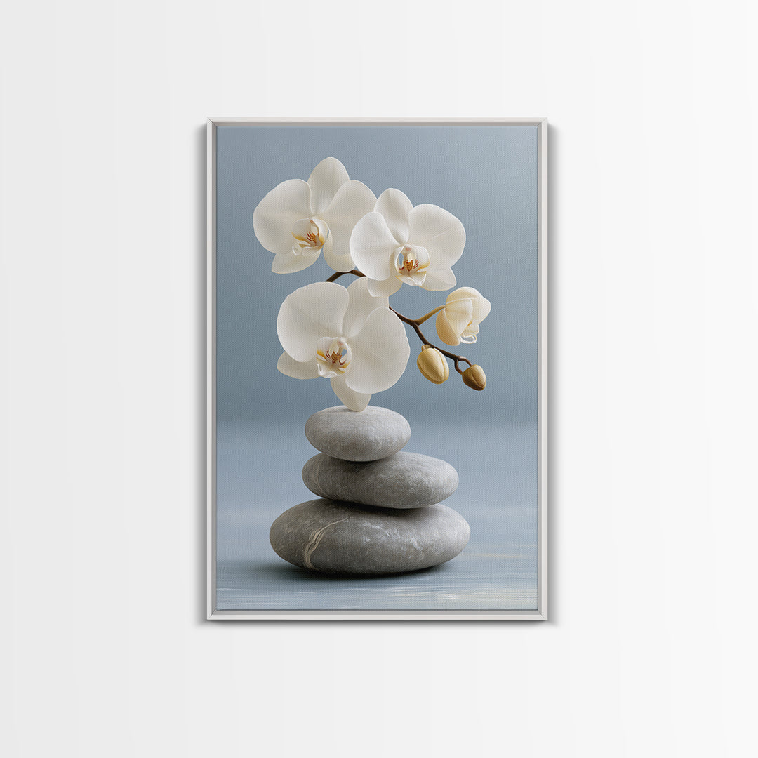White Orchid on Smooth Gray Stone Canvas Print, Spa Art, Abstract, Spa Decor, Fine Art, Serenity, City Art, Spa Wall Art, SPA-2x3-82