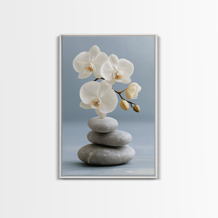 White Orchid on Smooth Gray Stone Canvas Print, Spa Art, Abstract, Spa Decor, Fine Art, Serenity, City Art, Spa Wall Art, SPA-2x3-82