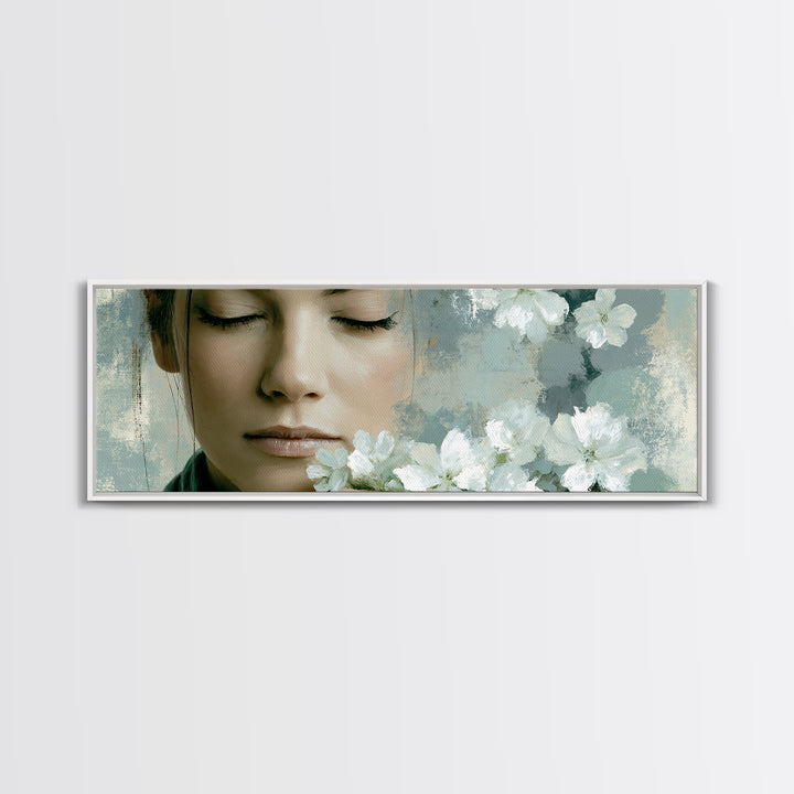 Minimal Face with Closed Eyes and Flowers Canvas Print, Spa Art, Wildlife Wall Art, Spa Decor, Serenity, Minimalist Decor, SPA-3x1-11