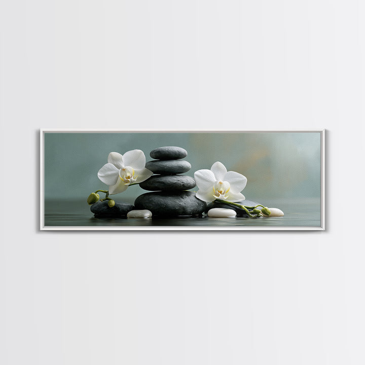 White Orchid on Smooth Gray Stone Framed Canvas Print, Spa Art, Dog Wall Art, Spa Decor, Fine Art, Serenity, Dog Canvas, SPA-3x1-18
