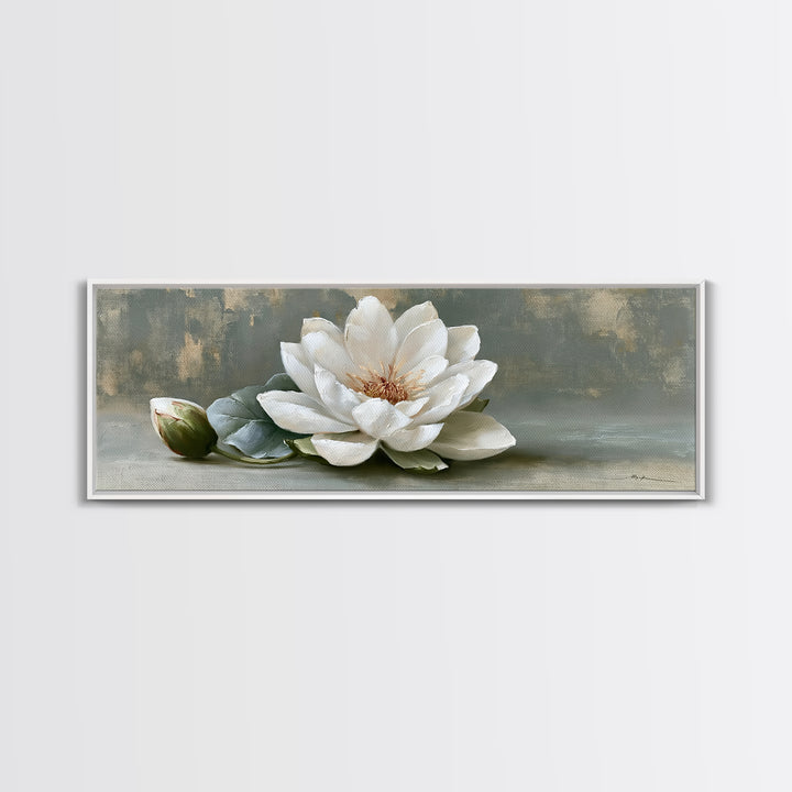 Single White Flower on Linen Ground Canvas Print, Spa Art, Salon Decor, Spa Decor, Oil Painting, Serenity, Statement Artwork, SPA-3x1-33