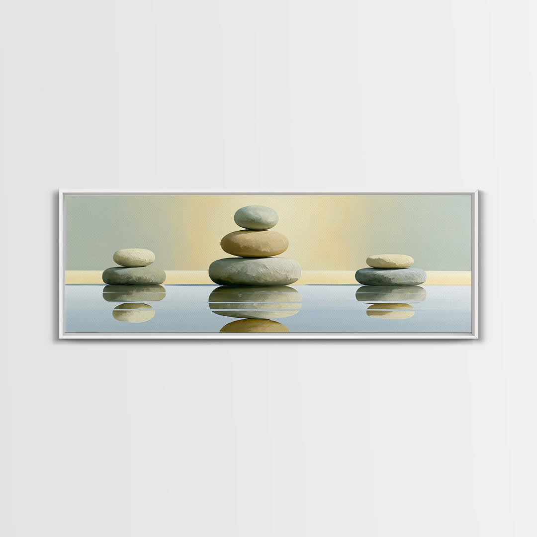 Stacked Stones Beside Calm Water Canvas Print, Spa Art, Wildlife Wall Art, Spa Decor, Watercolor Art, Serenity, SPA-3x1-41