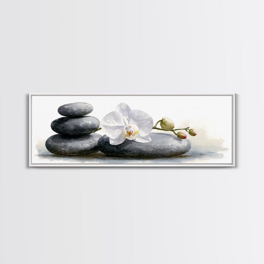 White Orchid on Smooth Gray Stone Canvas Print, Spa Art, Modern Home Decor, Spa Decor, Fine Art, Serenity, Neutral Decor, SPA-3x1-42