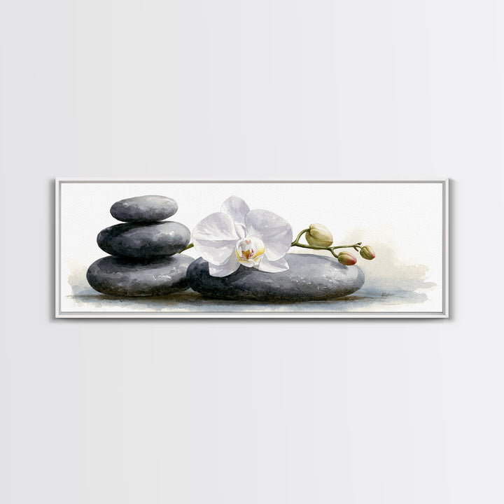 White Orchid on Smooth Gray Stone Canvas Print, Spa Art, Modern Home Decor, Spa Decor, Fine Art, Serenity, Neutral Decor, SPA-3x1-42