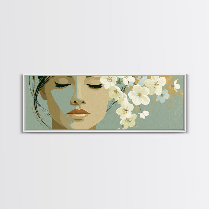 Minimal Face with Closed Eyes and Flowers Framed Canvas Print, Spa Art, Printable Wall Art, Spa Decor, Watercolor Art, Serenity, SPA-3x1-59