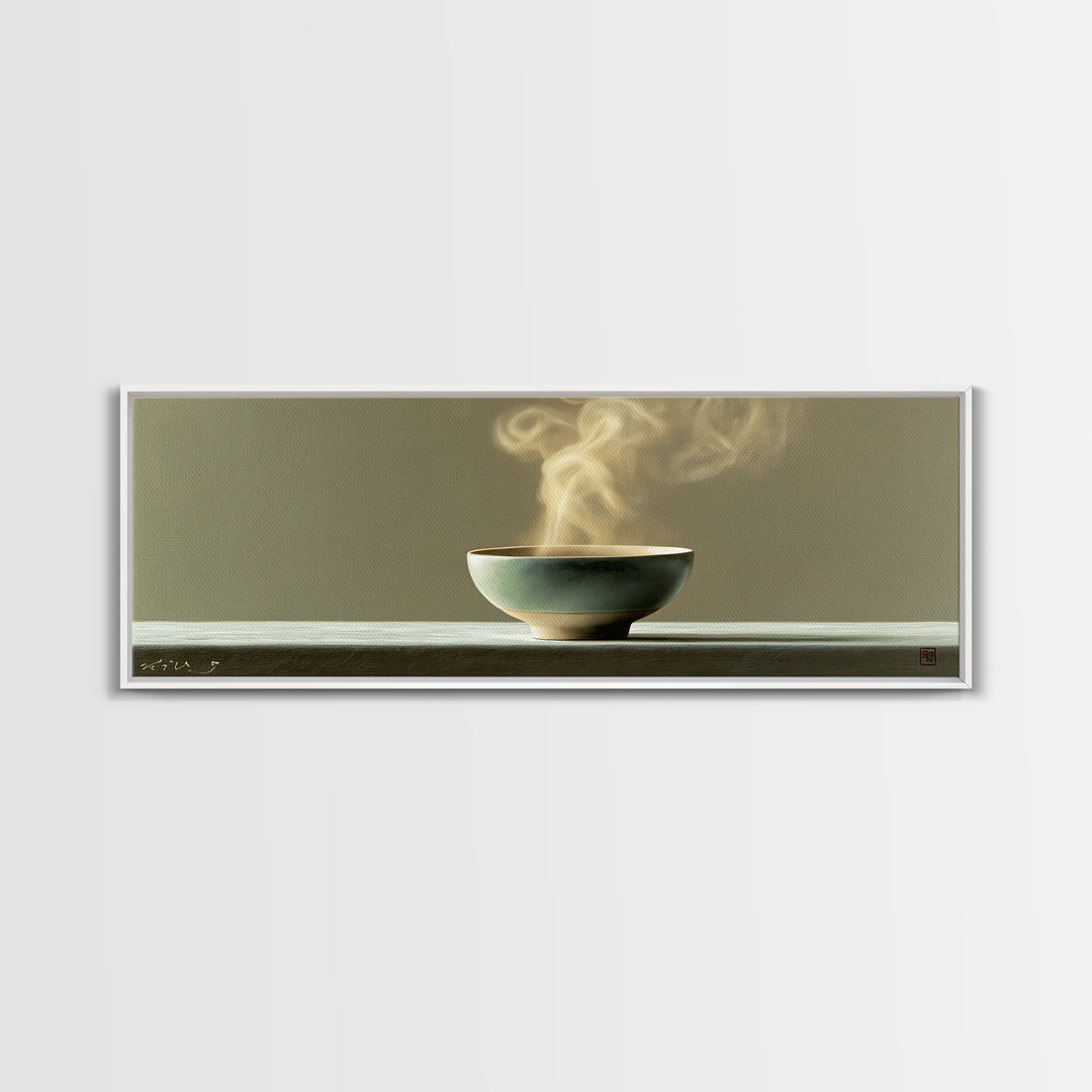 Tea Bowl and Steam Still Life Canvas Print, Spa Art, Boho Decor, Spa Decor, Oil Painting, Serenity, Printable Art, SPA-3x1-62
