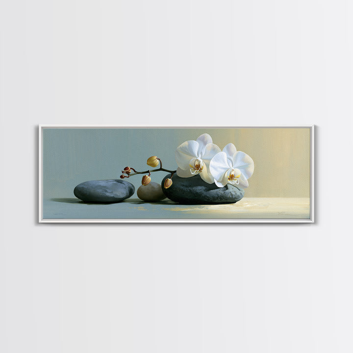 White Orchid on Smooth Gray Stone Canvas Print, Spa Art, Modern Home Decor, Spa Decor, Fine Art, Serenity, Neutral Decor, SPA-3x1-66