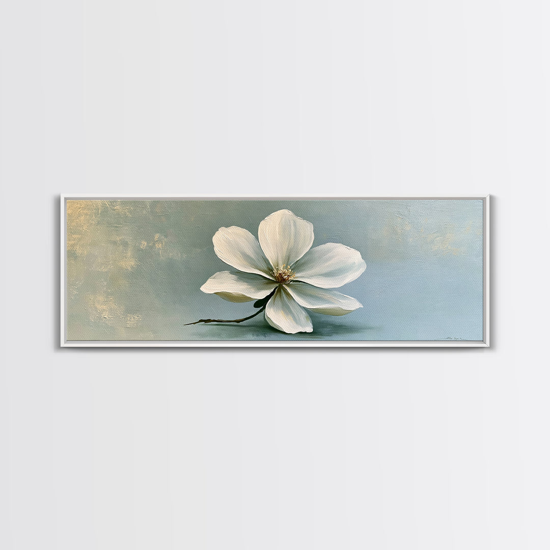 Single White Flower on Linen Ground Framed Canvas Print, Spa Art, Tarot Card Art, Spa Decor, Watercolor Art, Serenity, SPA-3x1-81