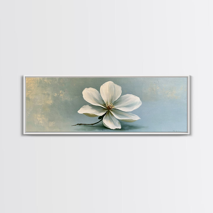 Single White Flower on Linen Ground Framed Canvas Print, Spa Art, Tarot Card Art, Spa Decor, Watercolor Art, Serenity, SPA-3x1-81