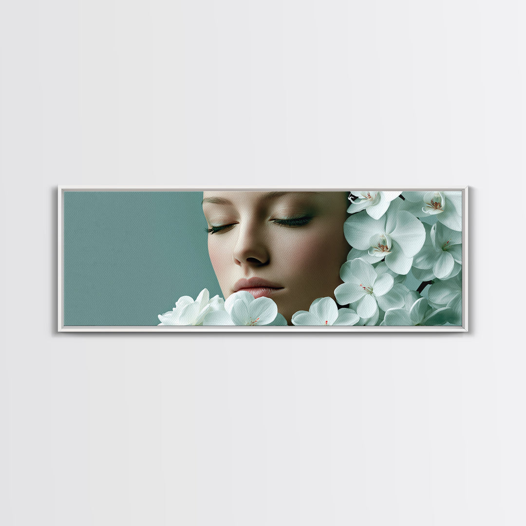 Minimal Face with Closed Eyes and Flowers Canvas Print, Spa Art, Travel Poster, Spa Decor, Watercolor Art, Serenity, SPA-3x1-83