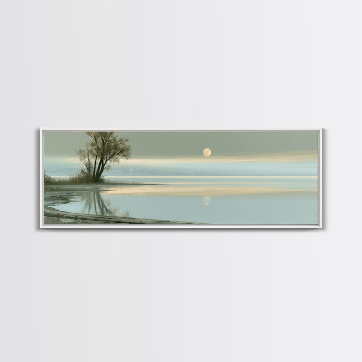 Moonlit Lake Reflection Framed Canvas Print, Spa Art, Abstract, Spa Decor, Watercolor Art, Serenity, City Art, Spa Wall Art, SPA-3x1-87