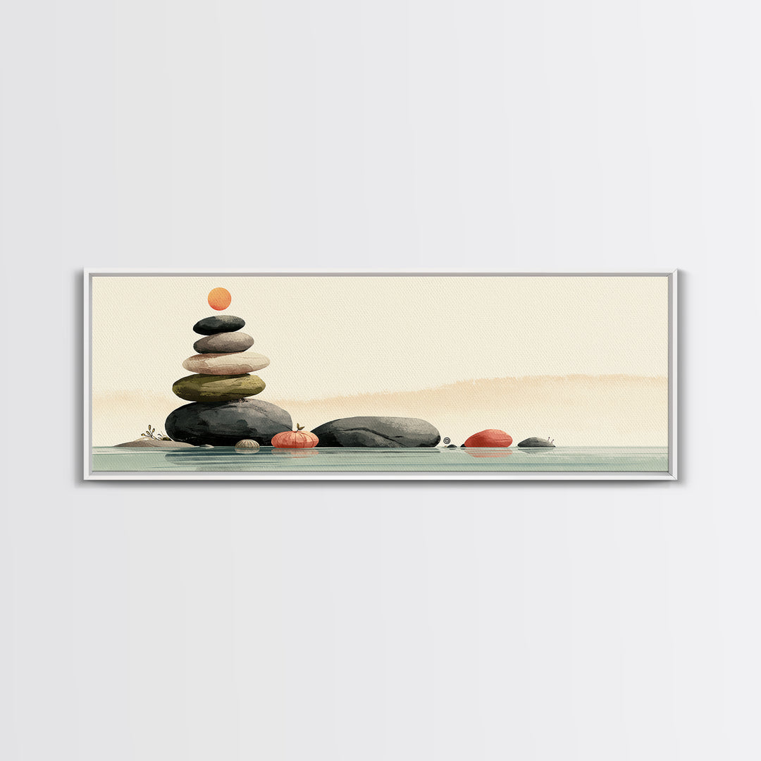 Stacked Stones Beside Calm Water Framed Canvas Print, Spa Art, Boho Decor, Spa Decor, Oil Painting, Serenity, Printable Art, SPA-3x1-89