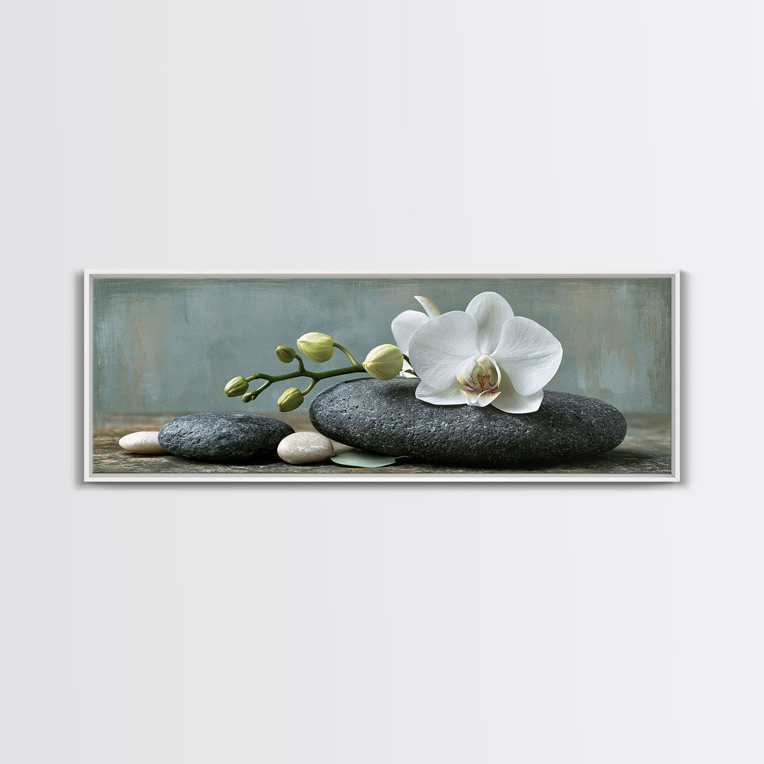 White Orchid on Smooth Gray Stone Framed Canvas Print, Spa Art, Teen Girl Room Decor, Spa Decor, Serenity, Luxury Decor, SPA-3x1-90