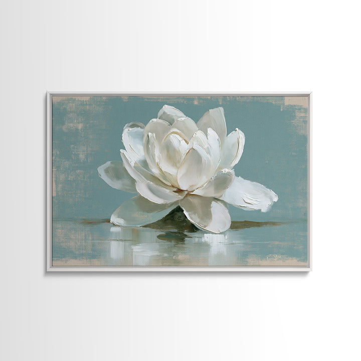 Single White Flower on Linen Ground Canvas Print, Spa Art, Teen Girl Room Decor, Spa Decor, Fine Art, Serenity, Luxury Decor, SPA-3x2-21