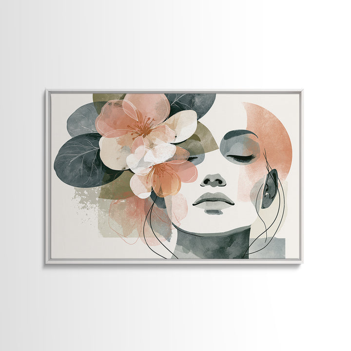 Minimal Face with Closed Eyes and Flowers Framed Canvas Print, Spa Art, Esthetician Decor, Spa Decor, Oil Painting, Serenity, SPA-3x2-23