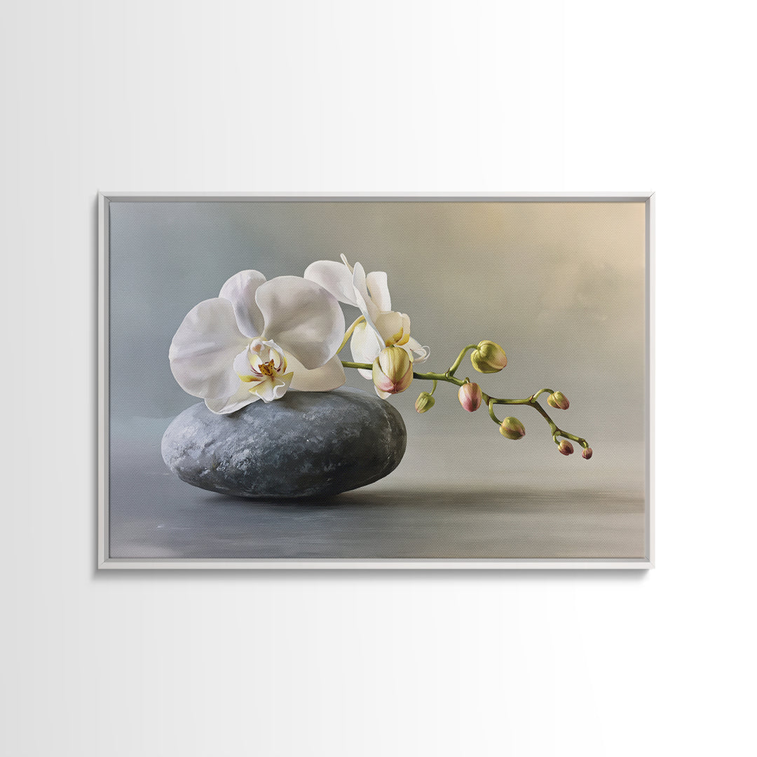 White Orchid on Smooth Gray Stone Canvas Print, Spa Art, Salon Decor, Spa Decor, Fine Art, Serenity, Statement Artwork, SPA-3x2-30