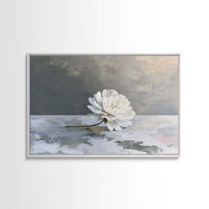 Single White Flower on Linen Ground Framed Canvas Print, Spa Art, Gallery Decor, Spa Decor, Fine Art, Serenity, Wall Art, SPA-3x2-45