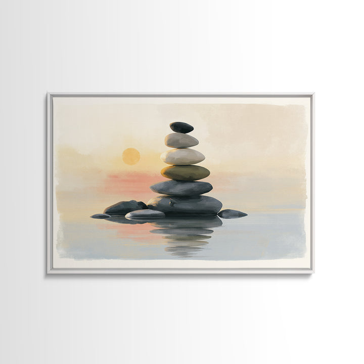 Stacked Stones Beside Calm Water Framed Canvas Print, Spa Art, Esthetician Decor, Spa Decor, Fine Art, Serenity, Room Decor, SPA-3x2-5