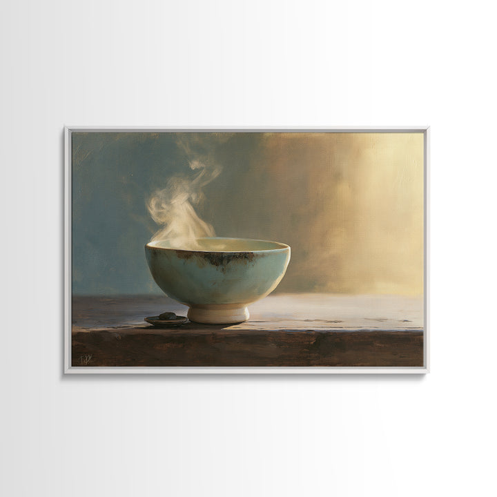 Tea Bowl and Steam Still Life Framed Canvas Print, Spa Art, Dog Groomer Gifts, Spa Decor, Oil Painting, Serenity, SPA-3x2-50