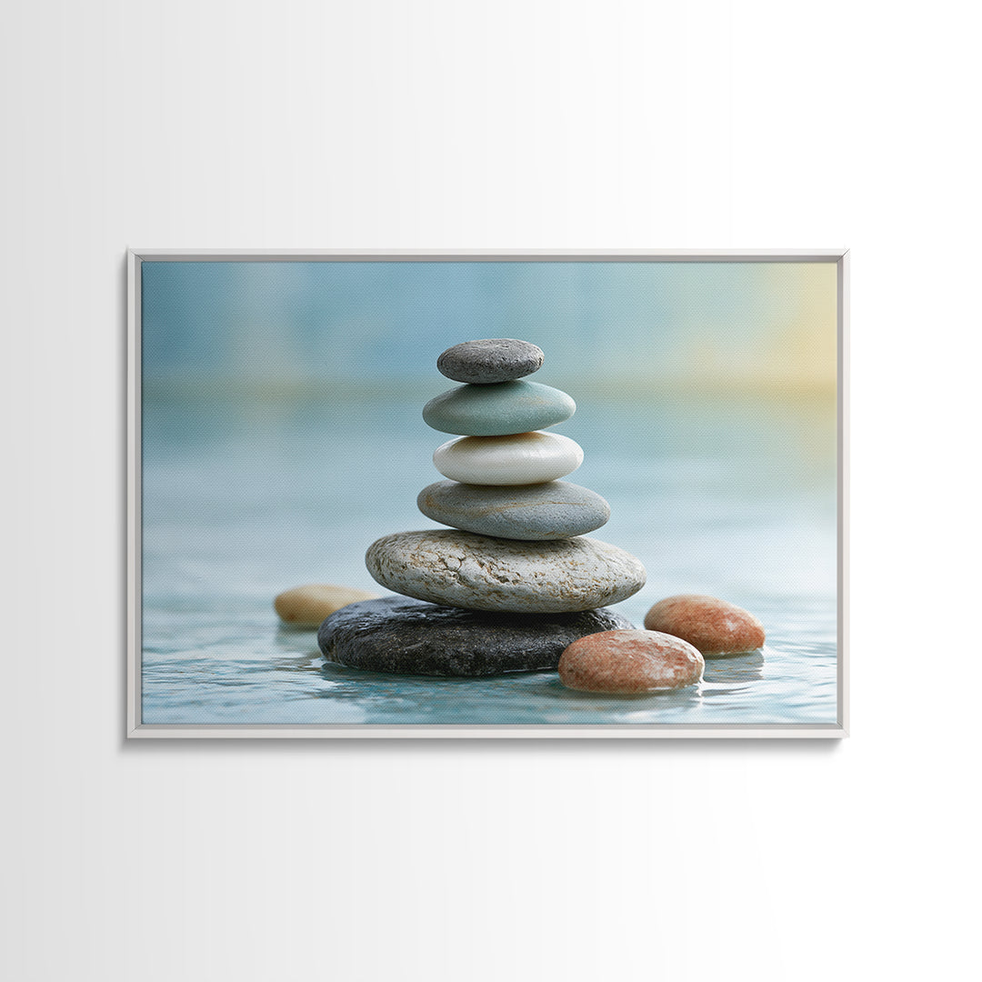 Stacked Stones Beside Calm Water Canvas Print, Spa Art, Modern Decor, Spa Decor, Fine Art, Serenity, Wall Decor, SPA-3x2-53