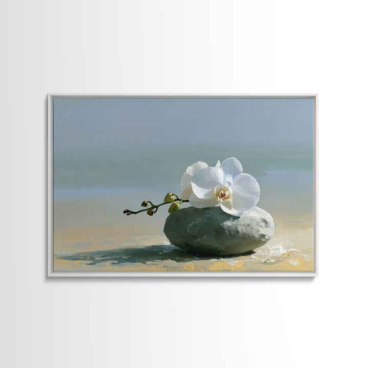 White Orchid on Smooth Gray Stone Canvas Print, Spa Art, Salon Decor, Spa Decor, Fine Art, Serenity, Statement Artwork, SPA-3x2-54