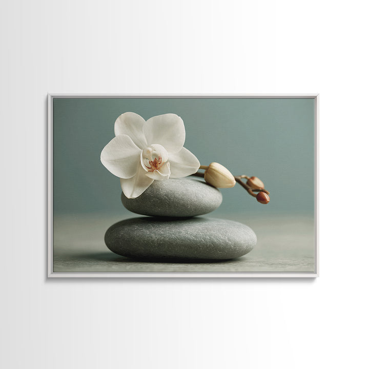 White Orchid on Smooth Gray Stone Framed Canvas Print, Spa Art, Feminine Wall Art, Spa Decor, Serenity, Hair Salon Wall Art, SPA-3x2-6