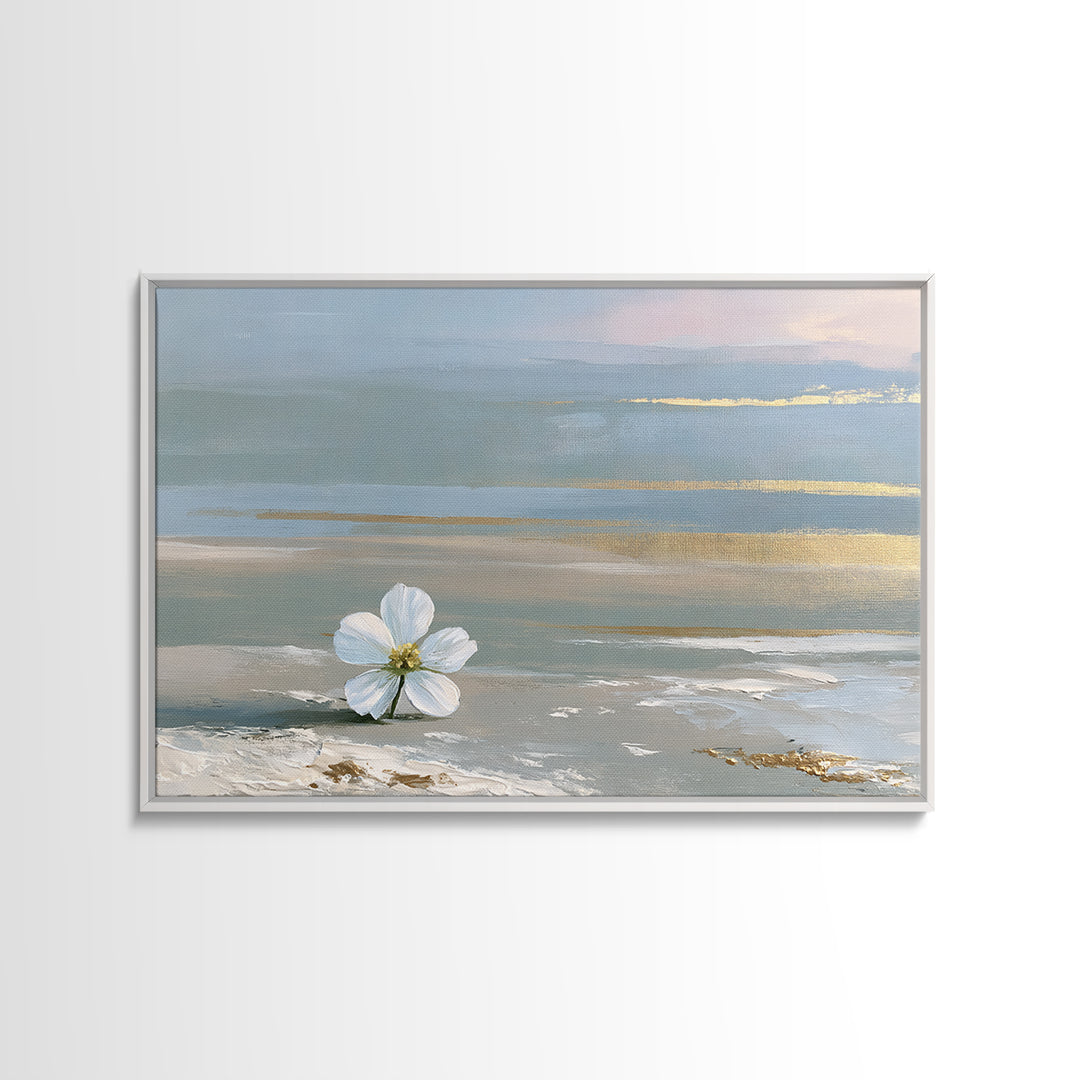 Single White Flower on Linen Ground Framed Canvas Print, Spa Art, Gallery Decor, Spa Decor, Fine Art, Serenity, Wall Art, SPA-3x2-69
