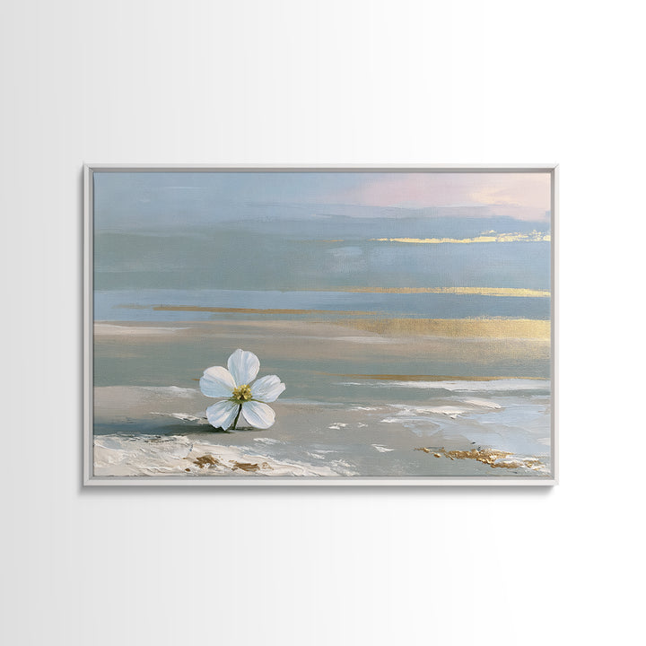 Single White Flower on Linen Ground Framed Canvas Print, Spa Art, Gallery Decor, Spa Decor, Fine Art, Serenity, Wall Art, SPA-3x2-69