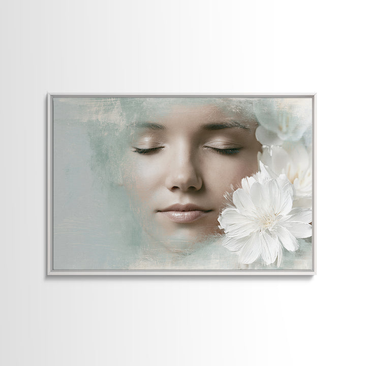 Minimal Face with Closed Eyes and Flowers Framed Canvas Print, Spa Art, Wildlife Wall Art, Spa Decor, Fine Art, Serenity, SPA-3x2-71