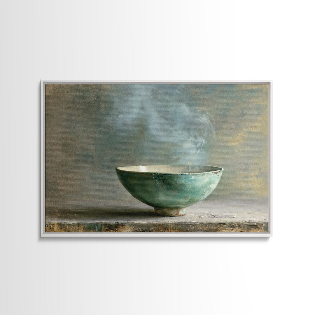 Tea Bowl and Steam Still Life Framed Canvas Print, Spa Art, Dog Groomer Gifts, Spa Decor, Oil Painting, Serenity, SPA-3x2-74