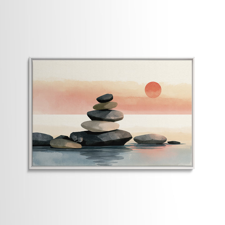 Stacked Stones Beside Calm Water Framed Canvas Print, Spa Art, Art Print, Spa Decor, Fine Art, Serenity, Botanical Art, SPA-3x2-77
