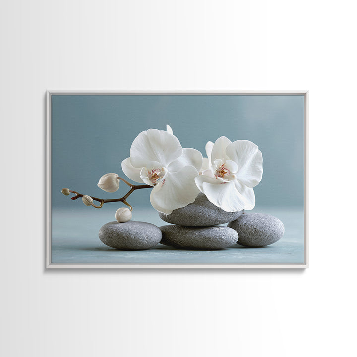 White Orchid on Smooth Gray Stone Framed Canvas Print, Spa Art, Tarot Card Art, Spa Decor, Fine Art, Serenity, SPA-3x2-78