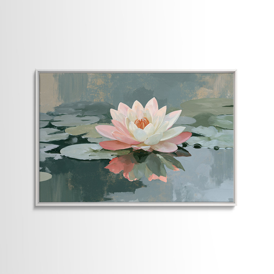 Lotus Flower Floating on Still Pond Framed Canvas Print, Spa Art, Home Decor, Spa Decor, Fine Art, Serenity, Dog Wall Art, SPA-3x2-80