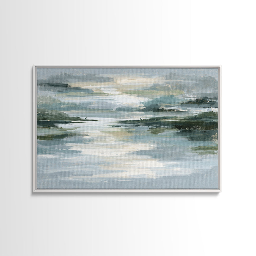 Moonlit Lake Reflection Framed Canvas Print, Spa Art, Abstract, Spa Decor, Watercolor Art, Serenity, City Art, Spa Wall Art, SPA-3x2-99