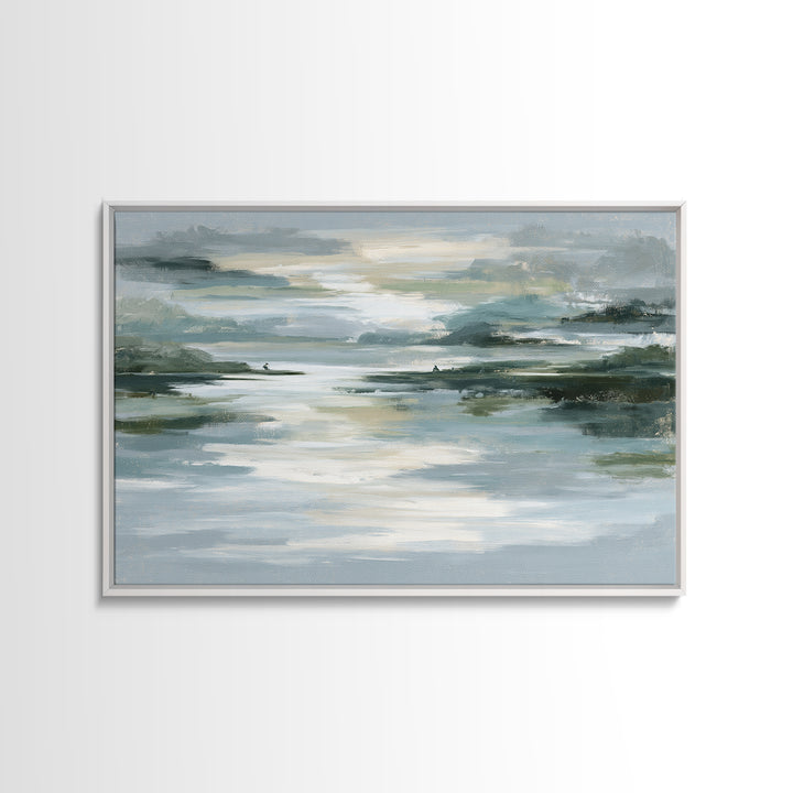 Moonlit Lake Reflection Framed Canvas Print, Spa Art, Abstract, Spa Decor, Watercolor Art, Serenity, City Art, Spa Wall Art, SPA-3x2-99