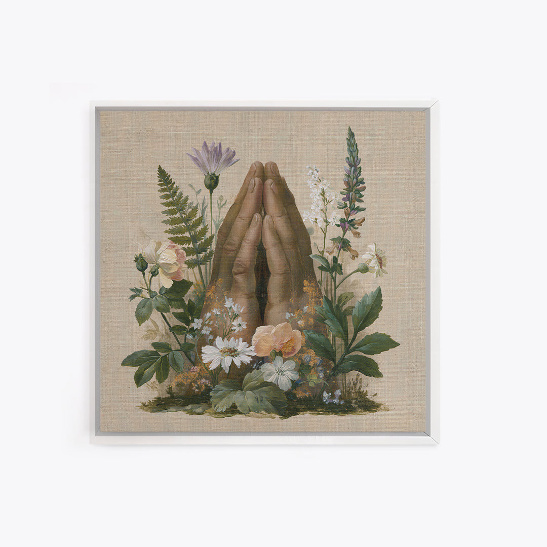Prayer Hands with Botanical Details Framed Canvas Print, Spiritual Art, Printable Wall Art, Living Room Decor, Fine Art, Spirit, SPI-1x1-33