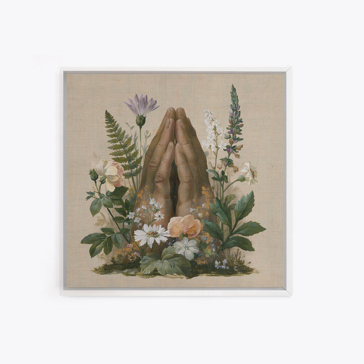 Prayer Hands with Botanical Details Framed Canvas Print, Spiritual Art, Printable Wall Art, Living Room Decor, Fine Art, Spirit, SPI-1x1-33
