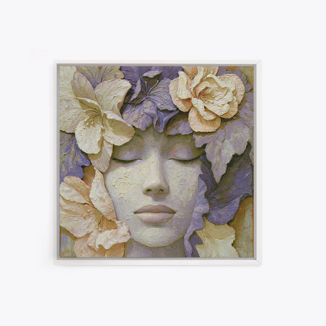 Serene Face with Closed Eyes and Flowers Canvas Print, Spiritual Art, Digital Art, Living Room Decor, Watercolor Art, Spirit, SPI-1x1-36
