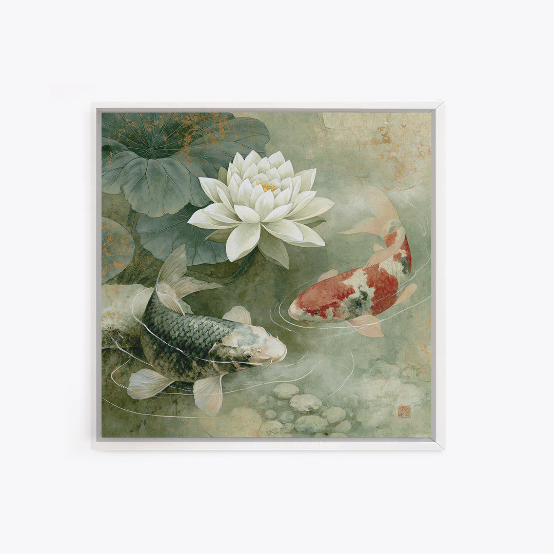 Lotus and Koi Framed Canvas Print, Spiritual Art, Fine Art Print, Living Room Decor, Abstract Art, Spirit, Digital Prints, SPI-1x1-42