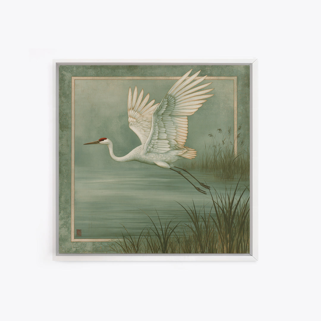White Crane Flying Framed Canvas Print, Spiritual Art, Room Decor, Living Room Decor, Oil Painting, Spirit, Digital Print, SPI-1x1-48