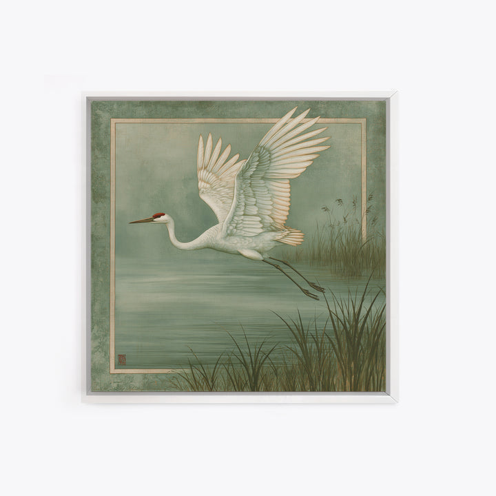 White Crane Flying Framed Canvas Print, Spiritual Art, Room Decor, Living Room Decor, Oil Painting, Spirit, Digital Print, SPI-1x1-48